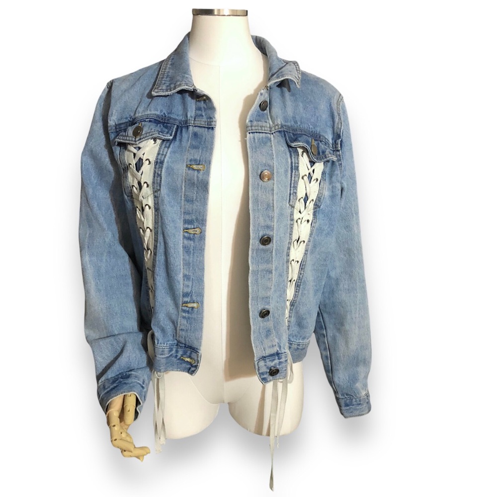 LOVE TREE DENIM Lace-Up Corset Detail Cropped Jean Jacket